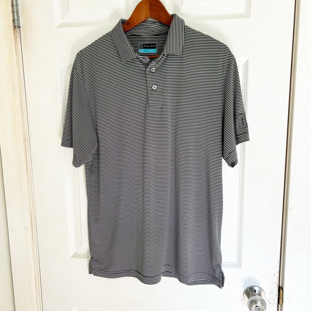 Men's PGA Tour Striped Polo Shirt, Size M, Black and White Lightweight